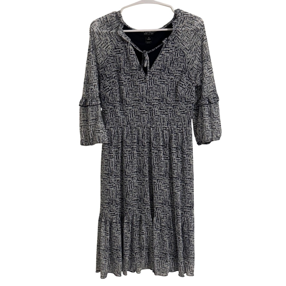 Kate and Lily Navy White Geometric Print V-Neck Tiered Dress Size 6 16548